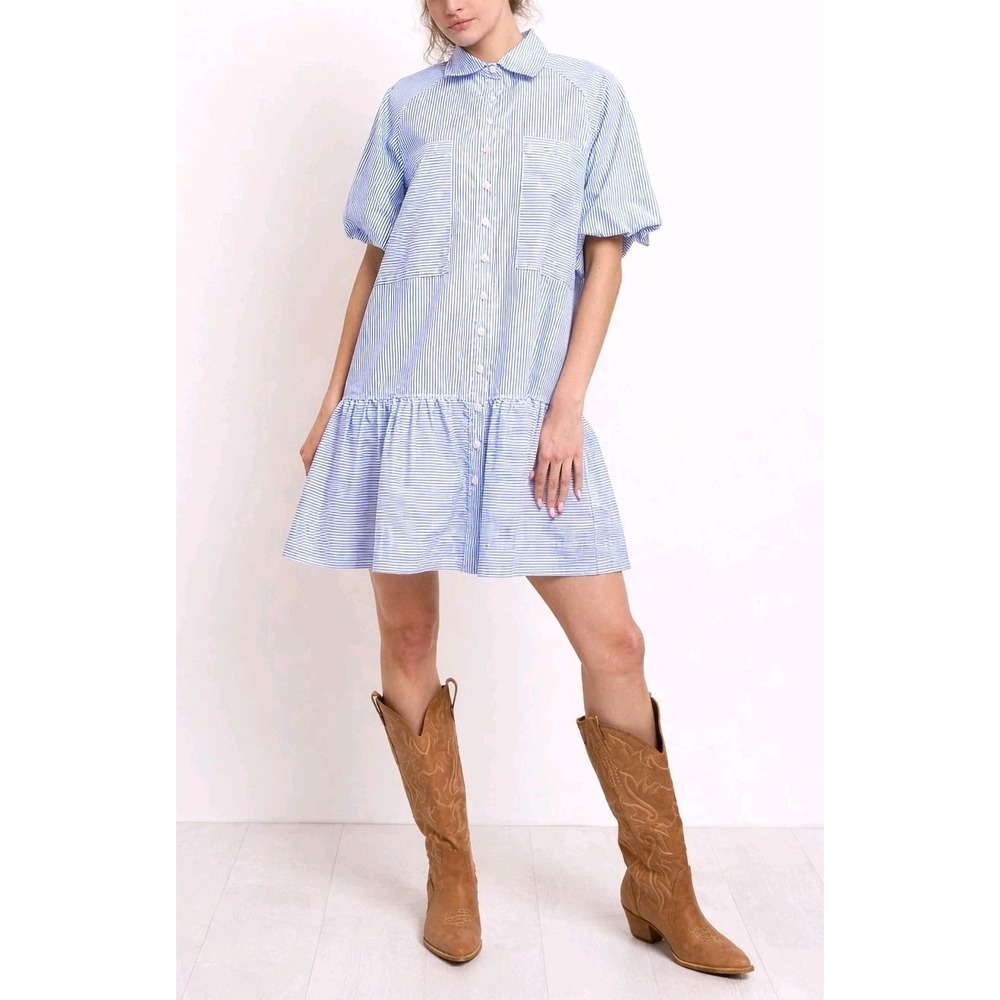 Hunter & Brown Preppy Puff Sleeve Shirt Dress Blue White Stripe Button Front L